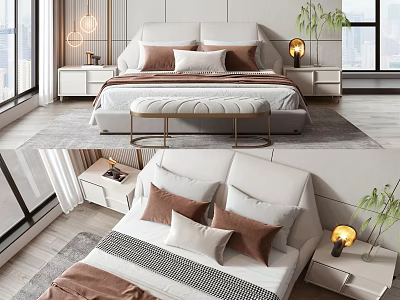 Modern Bedroom Interior Showcasing Elegant Double Bed Headboard Pillows Nightstands Table Lamps And Plants 3d model