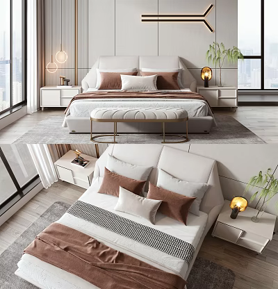 Modern Bedroom Interior Showcasing Elegant Double Bed Headboard Pillows Nightstands Table Lamps And Plants 3d model