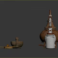 Laboratory Equipment With Balance Scale Copper Still Colored Reagent Bottles Small Containers And Samples