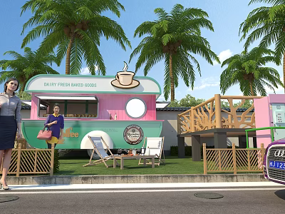 Colorful Mobile Food Truck Serving Fresh Coffee And Snacks With Palm Trees And Lawn Seating 3d model