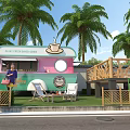 Colorful Mobile Food Truck Serving Fresh Coffee And Snacks With Palm Trees And Lawn Seating