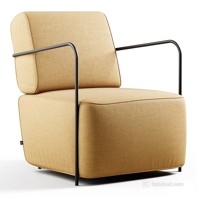 Modern Single Sofa with Beige Fabric Upholstery and Black Metal Armrests Design 3d model 