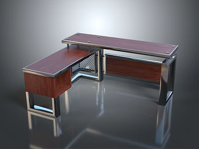 Modern L Shaped Office Desk With Wooden Top And Metal Frame Design 3d model
