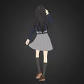 Anime Style Woman With Long Black Hair Wearing Blue Uniform Skirt And Knee High Socks