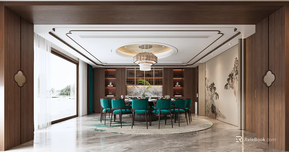 Chinese Style Private Dining Room With Round Table And Teal Chairs 3d model