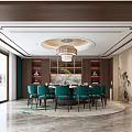 Chinese Style Private Dining Room With Round Table And Teal Chairs 3d model