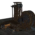 Vintage Industrial Mechanical Equipment With Large Wheel Gears Metal Frame And Wooden Crates