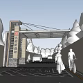 Modern Entrance Gate Design With Metal Structure Trees Road Pedestrians And Vehicles