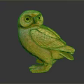Yellow Wooden Owl Sculpture With Carved Feathers On Dark Background And Reflection