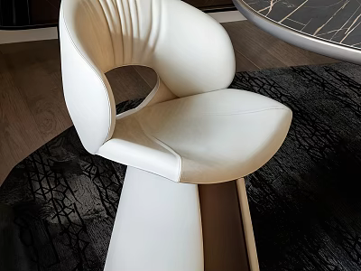 Modern White Leather Dining Chair with Sleek Curved Design Round Table Black Rug Wooden Floor 3d model