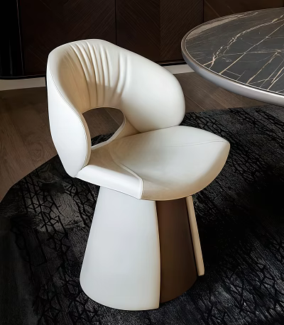 Modern White Leather Dining Chair with Sleek Curved Design Round Table Black Rug Wooden Floor 3d model