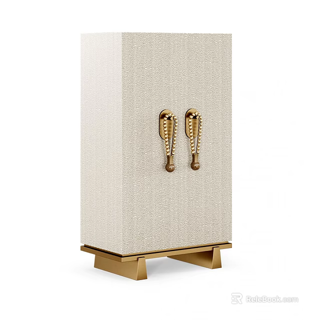Beige Fabric Wardrobe With Ornate Gold Handles And Sturdy Gold Base 3d model 