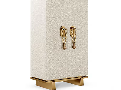 Beige Fabric Wardrobe With Ornate Gold Handles And Sturdy Gold Base 3d model