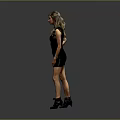 Stylish Woman In Black Dress With Lace Neckline And Black High Heels On Gray Background
