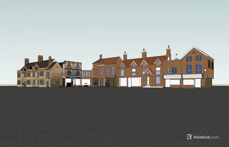 Traditional Red Brick Commercial Complex With Multiple Windows And Architectural Styles 3d model