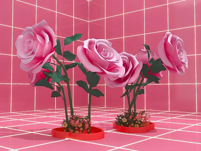 Pink Roses With Green Leaves In Red Pots Against Pink Tiled Background 3d model