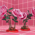 Pink Roses With Green Leaves In Red Pots Against Pink Tiled Background