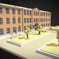 Cartoon style Orange Building With Trees Lawns And Scattered Fallen Leaves In Courtyard