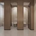 Modern Public Restroom Interior With Wooden Doors White Countertop and Mirrors