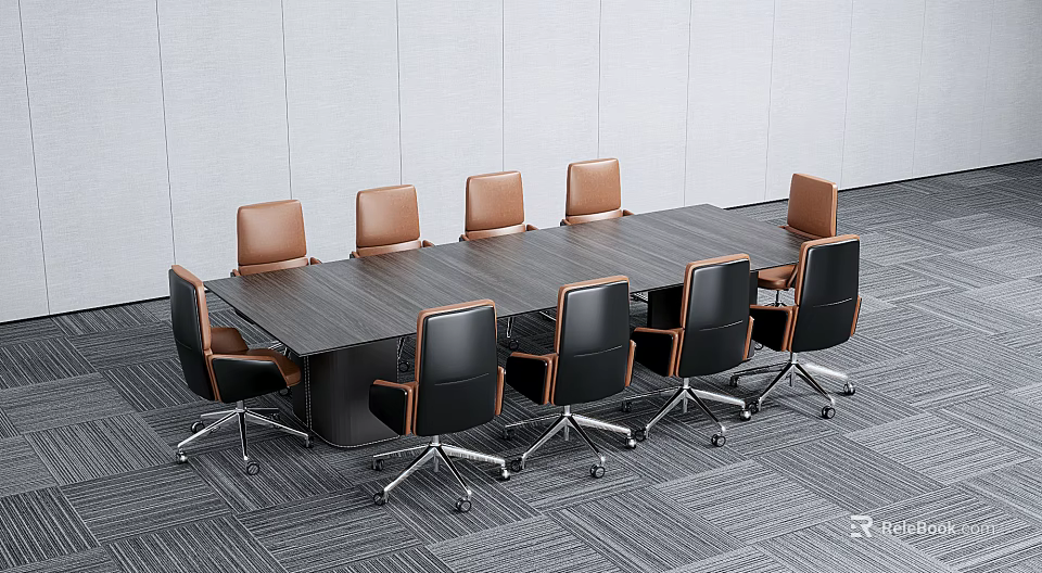 Modern Wooden Conference Table With Brown And Black Leather Chairs In Office Area 3d model 