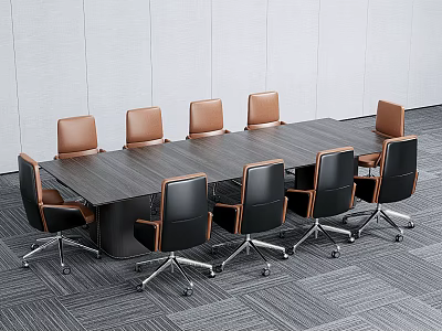 Modern Wooden Conference Table With Brown And Black Leather Chairs In Office Area 3d model