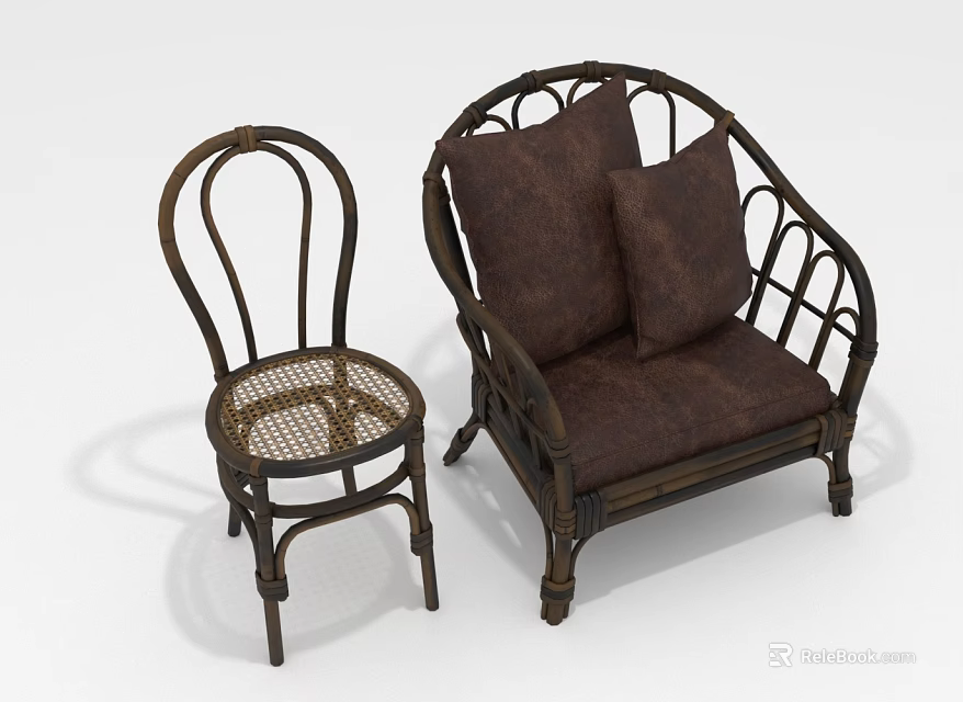 Rattan Lounge Chair Set With Matching Side Chair And Brown Cushions 3d model 