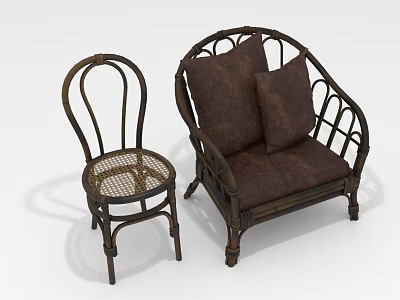 Rattan Lounge Chair Set With Matching Side Chair And Brown Cushions 3d model