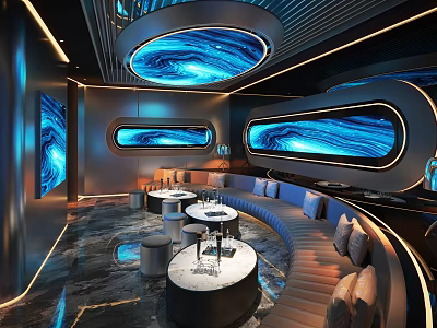 Modern KTV Interior Design With Blue Lighting Circular Tables And Comfortable Sofa Seats 3d model