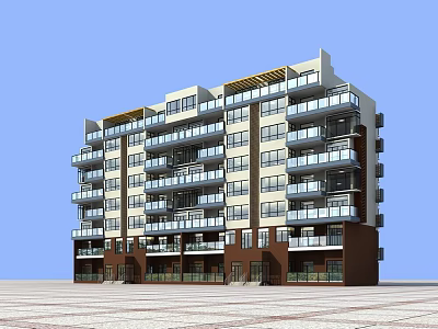 Modern Multi Story Residential Building With Balconies Light And Dark Facade And Ground Floor Entrances 3d model