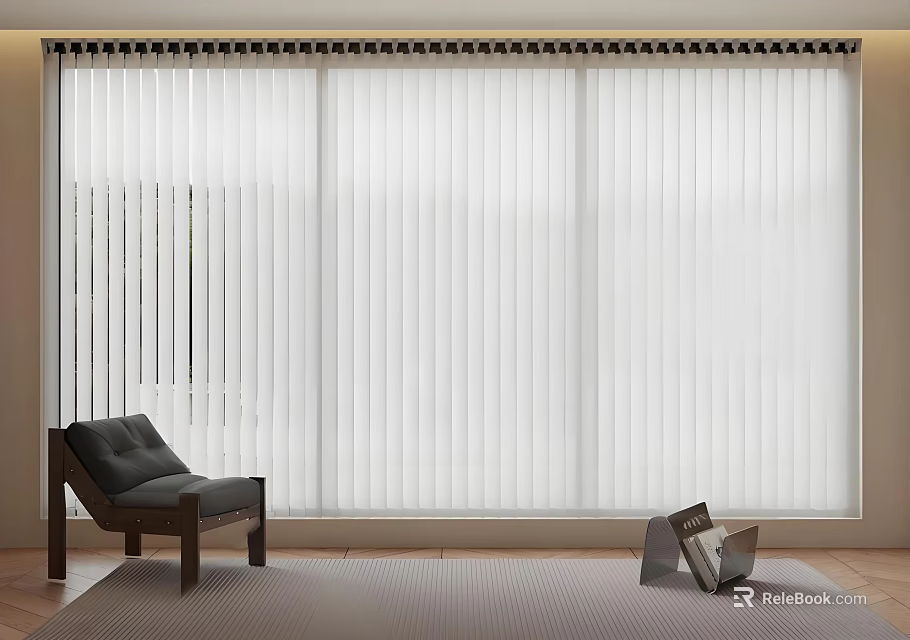White Vertical Window Blinds In Modern Interior With Black Chair And Magazine Holder 3d model 