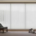 White Vertical Window Blinds In Modern Interior With Black Chair And Magazine Holder