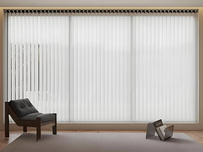White Vertical Window Blinds In Modern Interior With Black Chair And Magazine Holder 3d model