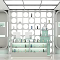 Modern Cosmetic Store Interior With Round Hole Wall And Light Green Shelves Displaying Products
