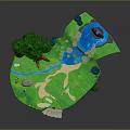 Floating Island Scenery With Green Tree Pond Blue Torch And Stone Steps