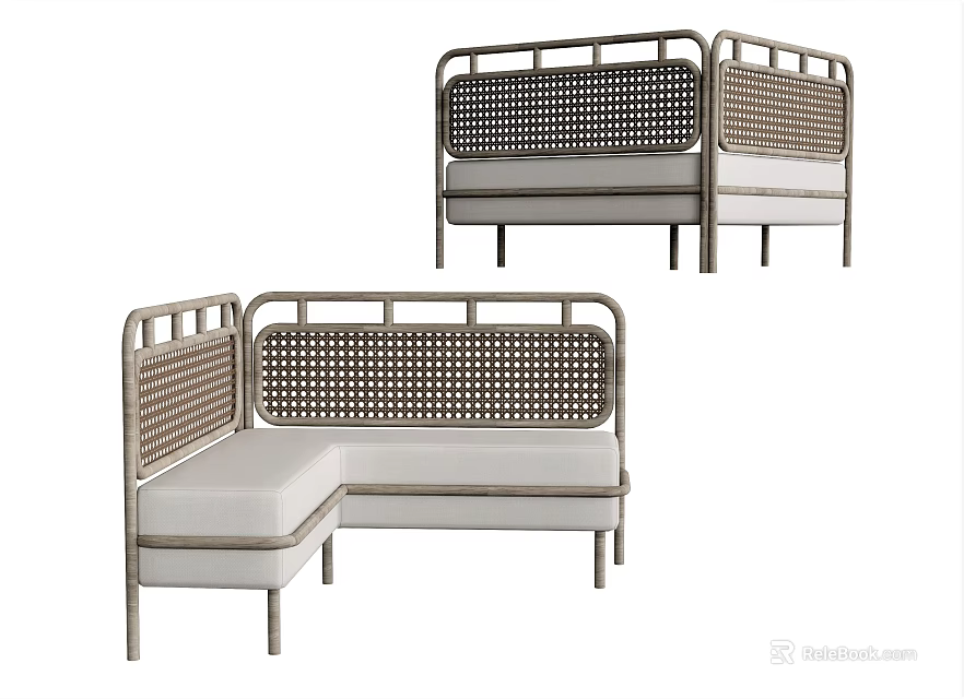 Modern Sectional Sofa With Woven Backrest Metal Frame And White Cushions 3d model