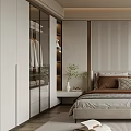 Modern Bedroom Interior With King Bed Brown Grey Pillows Large Window View And Green Plant