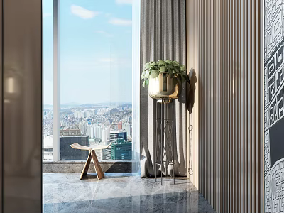 Bonsai Plant in Gold Pot on Metal Stand by Large Window with City View 3d model