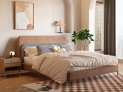 Comfortable Double Bed With Brown Headboard Striped Quilt Pillows Nightstand And Green Plant 3d model