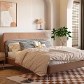 Comfortable Double Bed With Brown Headboard Striped Quilt Pillows Nightstand And Green Plant