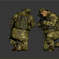 Two Soldiers In Camouflage Uniforms With Tactical Gear Crouching And Aiming Rifles