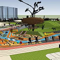 Urban Park Landscape Design With Green Spaces Water Features Pedestrian Walkways And Commercial Buildings
