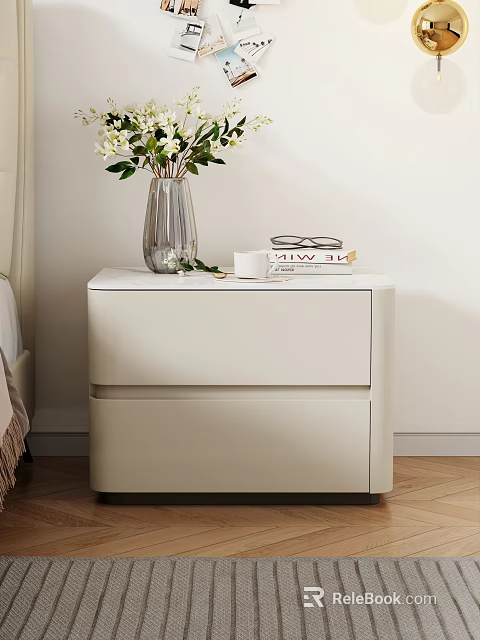 Modern White Bedside Table with Transparent Vase White Flowers Books and Eyeglasses 3d model 