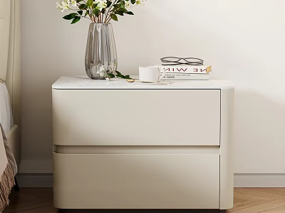 Modern White Bedside Table with Transparent Vase White Flowers Books and Eyeglasses 3d model