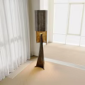Contemporary Floor Lamp With Dark Fabric Shade And Gold Accent On Herringbone Wooden Floor