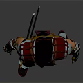 Armored Warrior Character Standing With Black Hood Yellow Red Armor And Weapon On Gray Background