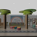 Kindergarten Interior With Green Circular Ceiling Decor Colorful Stools And Educational Murals 3d model