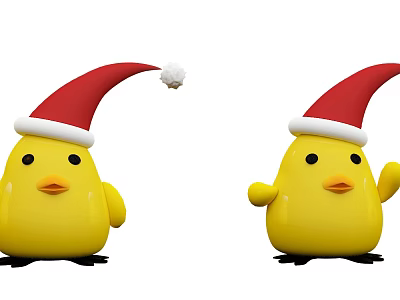 Cute Yellow Chicks Wearing Red Santa Hats With Pompom And Waving For Christmas 3d model