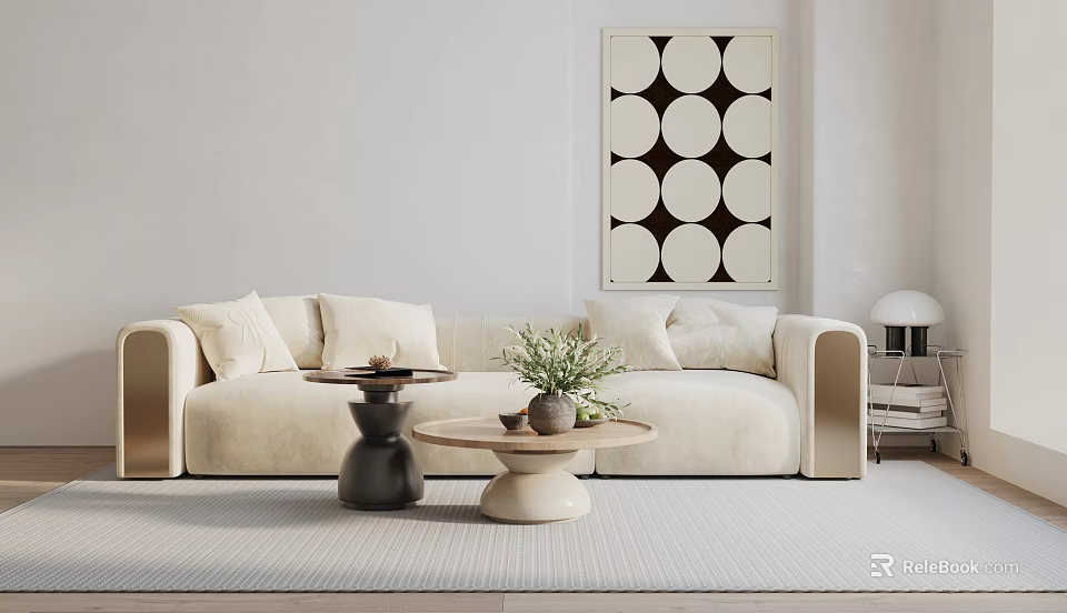 Spacious Beige Sectional Sofa With Cushions Coffee Tables And Circular Wall Art In Modern Minimalist Living Room 3d model 