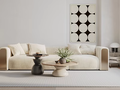 Spacious Beige Sectional Sofa With Cushions Coffee Tables And Circular Wall Art In Modern Minimalist Living Room 3d model