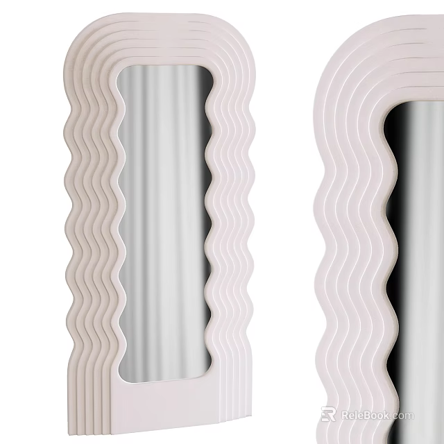 Pair of Mirrors With Wavy Design Frame in Light Cream Color 3d model 